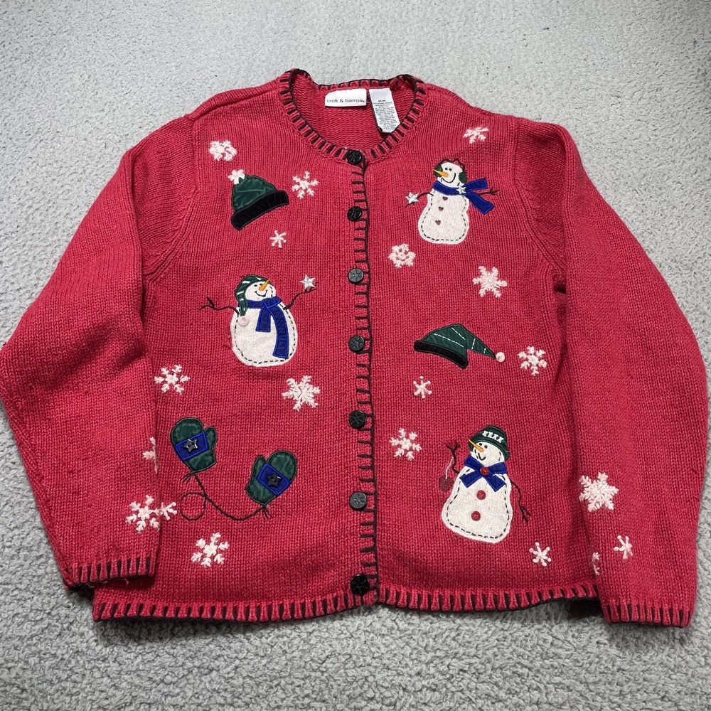 Croft & Barrow Sweater Womens Medium Red Snowman Christmas Cardigan Holiday‎